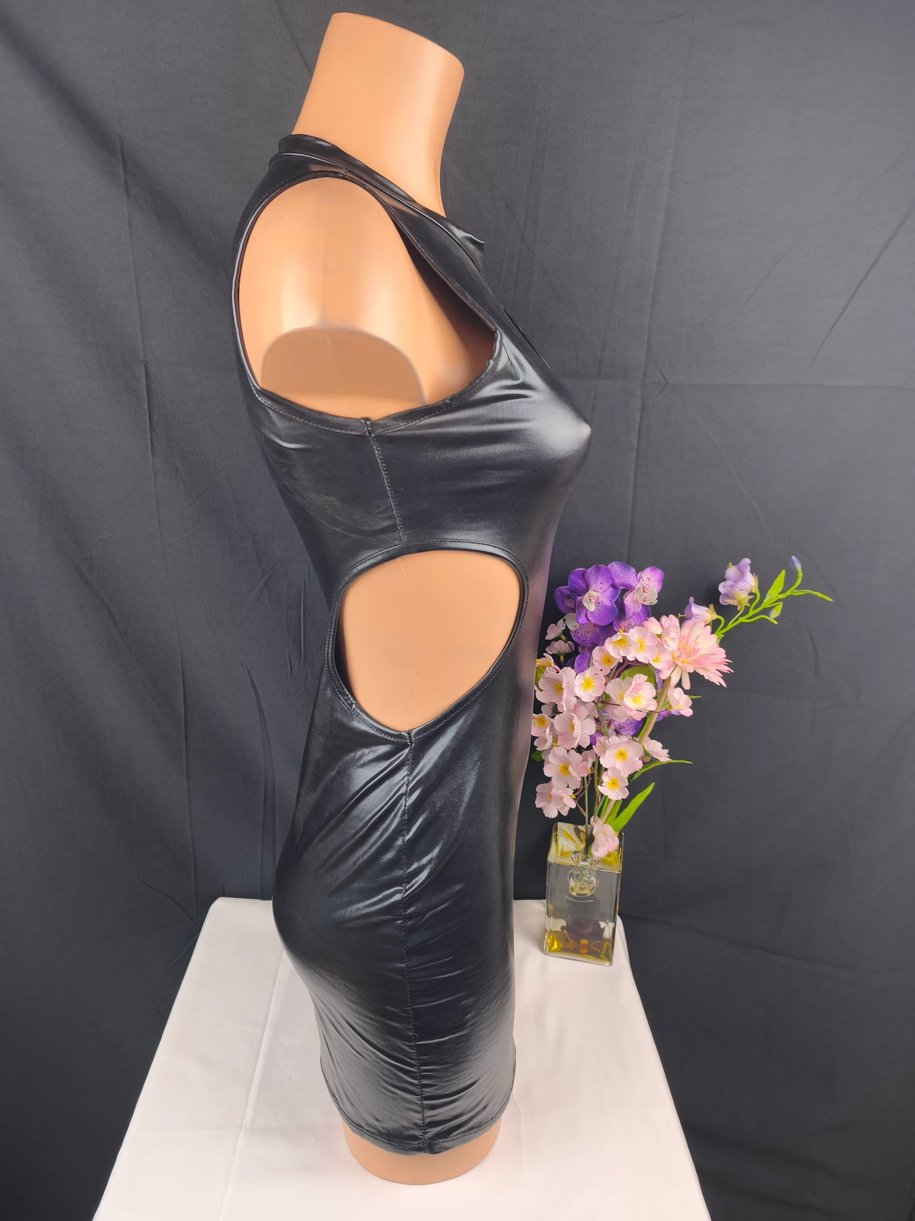 Vestido justo de vinil / couro sintético preto sexy glamour - Tamanho XS/S - 34/36 – photo 9